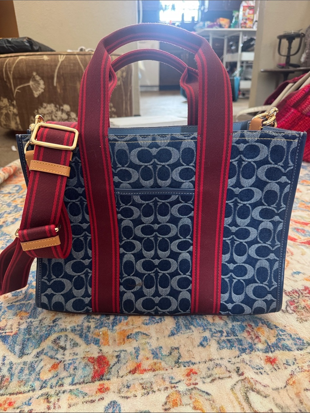 Coach CY698 Signature Denim Tote Blue Red Webbing Strap